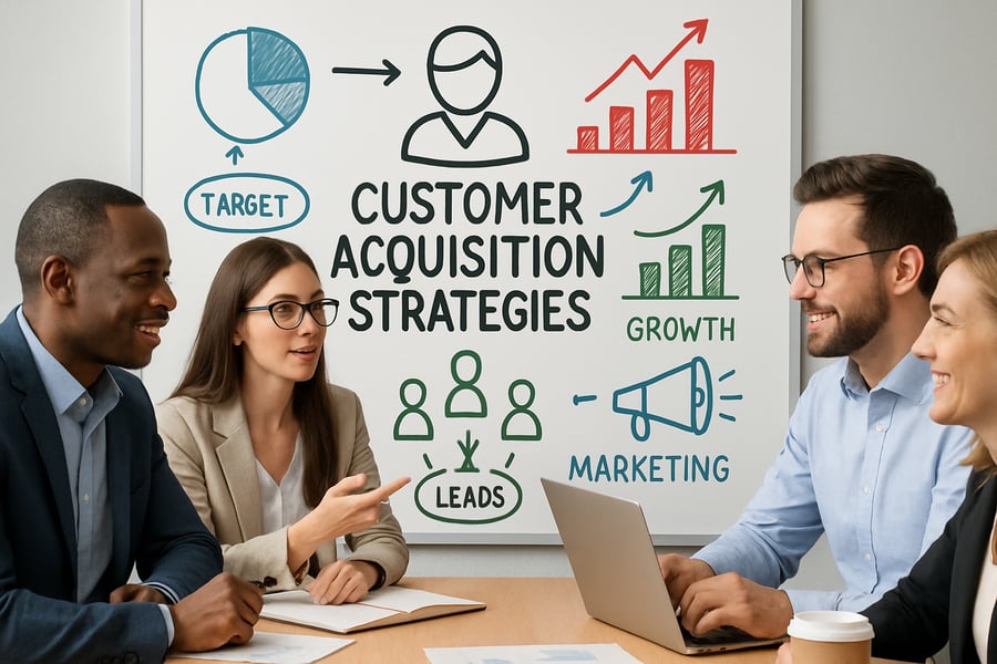 Sales and marketing team discussing customer acquisition strategies